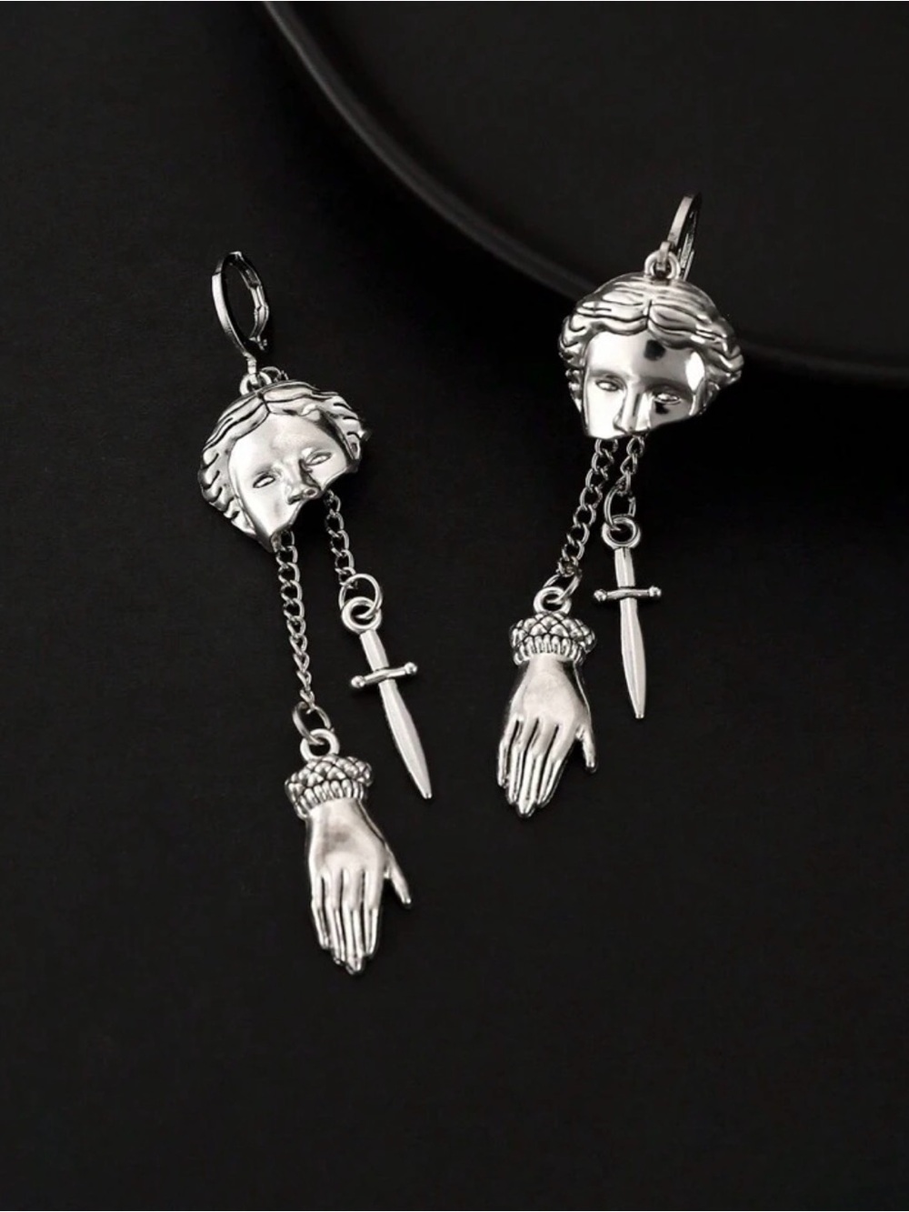 Silver Tone Sculpted Face & Hand Drop Earrings - Silver
